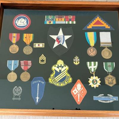 Military Shadow Box Display Of Medals, Ribbons & Patches