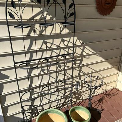 Iron Flower Pot Trellis Stand + 2 Ceramic Planters And Plant Stand 