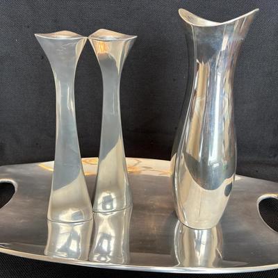 Nambé Aquila Candlesticks, Serving Tray & Stryker Vase