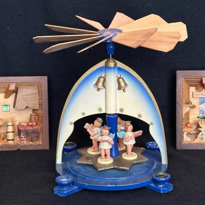 Vintage German Christmas Pyramid Carousel And Hand-Carved Shadow Box Dioramas
