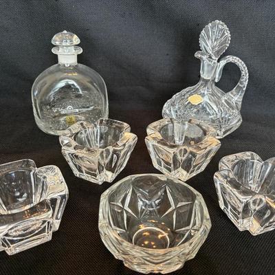 4 Orrefors Candle Holders, Two Crystal Cut Glass Petite Decanters