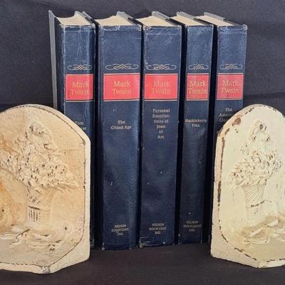 Cast Iron Flower Basket Bookends & Twain Books 