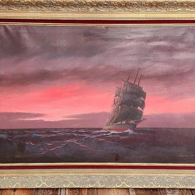 Sailboat At Dusk Scene - Original Painting - Signed By Artist