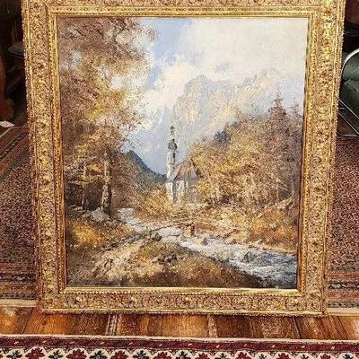 St. Sebastian Chuch In Ramsau - Original Painting, Signed By Artist