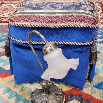 Vintage Tapestry Ottoman - Blue Velvet Upholstery