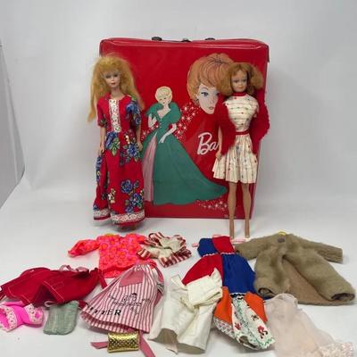 Vintage Midge & Barbie Dolls- 1963 Red Vinyl Carrying Case & Mattel Accessories - RESERVE $100