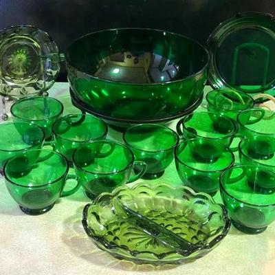 "Anchor Hocking" Forest Green Glass Punch Bowl Set and More