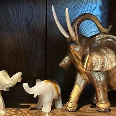 Brass and Carved Stone Elephant Trio