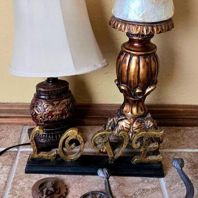 Accent Table Lamp, Bronze Colored Candle Holder, and Other Decor