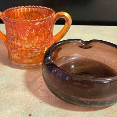 "Imperial Glass" Marigold Carnival Glass Sugar Bowl and Ashtray