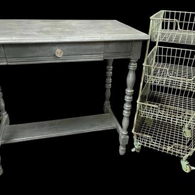 Spindle Leg Distressed Console Table And Tiered Rolling Cart