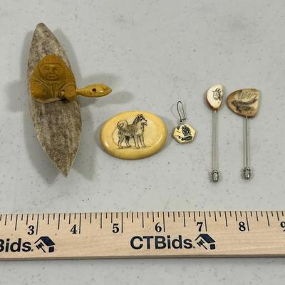 Scrimshaw and carved art Pins, Earring, Button
