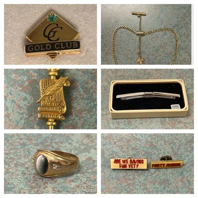 Gold, Some Real, Some Not. Rings, Pins, Tie Clips