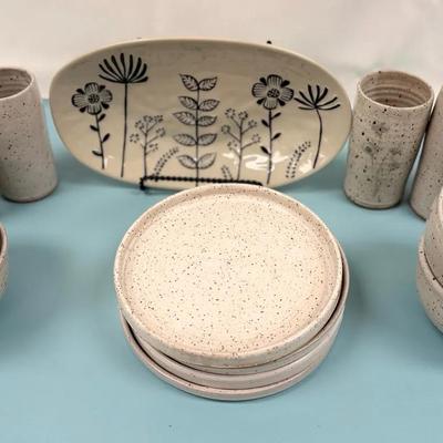 Stamped Handmade Pottery Dishware Set Of 4 - Speckled 