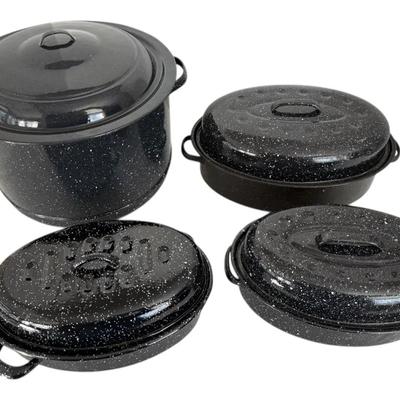 Large Speckled Enamelware Stock Pot & Roasting Pans 