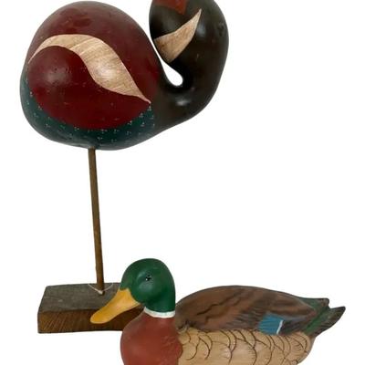 Ceramic Mallard Duck & Hand Painted Gourd Duck 