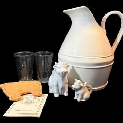Cow Glasses, Creamer Jugs, Cookie Mold, & Large White Ceramic Pitcher
