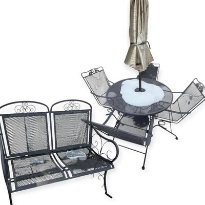 Wrought Iron Patio Table & Chair Set w/ Umbrella & Rocker 