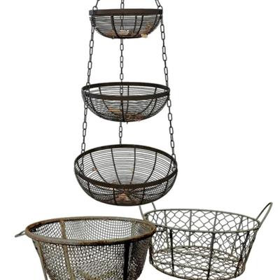Vintage Wire Hanging Fruit Basket, Strainer, & Egg Basket