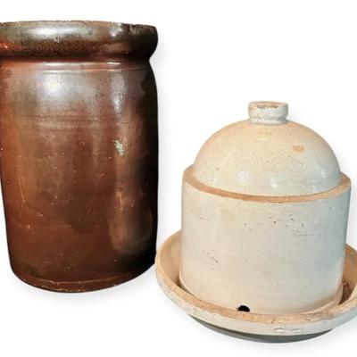 Antique Stoneware Poultry Fountain And Crock 