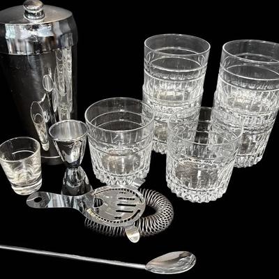 Glass Whiskey Tumblers, Shaker, & Barware