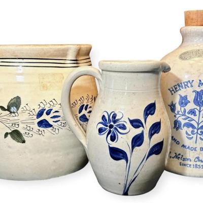 Antique Blue & White Stoneware Pitchers and Henry McKenna Half-Gallon Bourbon Jug
