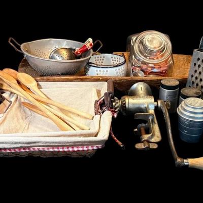Antique Wooden Dough Bowl, Meat Grinder, Colanders, Cookie Cutters, & More