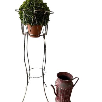 Distressed Metal Plant Stand With Topiary & Decorative Watering Can 