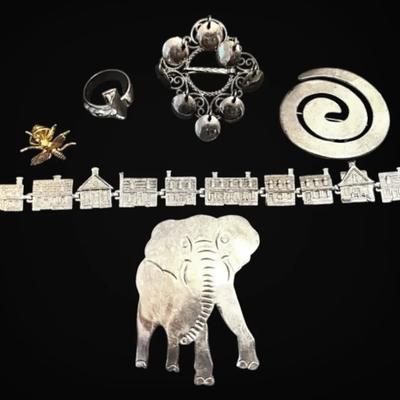 Sterling Silver Bracelet, Brooches, Pin, And Ring (71.88g Total)