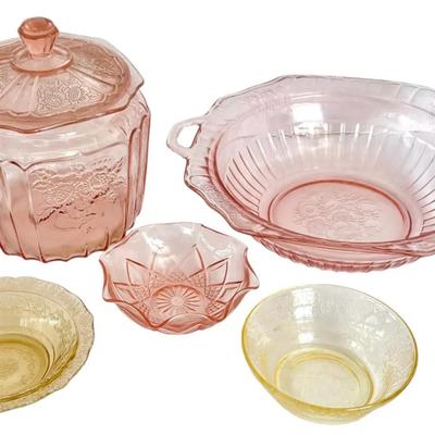 Pink & Yellow Depression Glass - Anchor Hocking Mayfair Cookie Jar, Vegetable Bowl, & More!