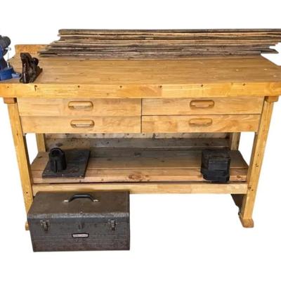 Wooden Tool Bench With Central Forge Vise, Craftsman Toolbox, & More 