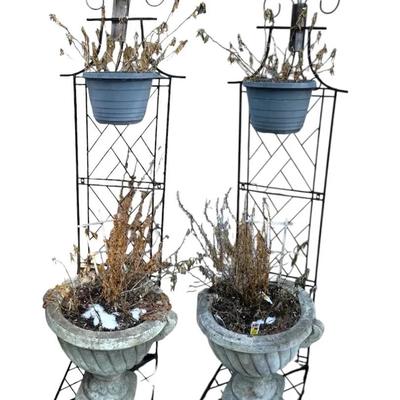 2 Urn Style Planters With Metal Stand 