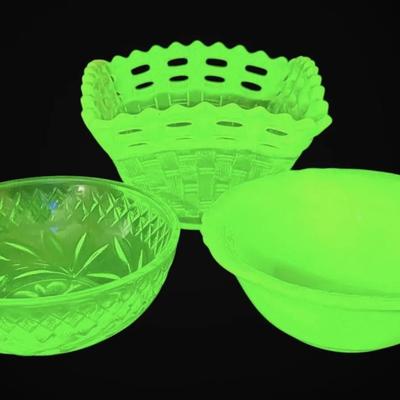 Fenton Vaseline Topaz Basket Weave Dish & Two Small Uranium Glass Bowls