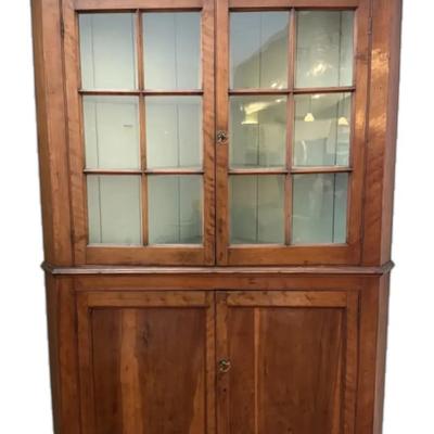 Antique Primitive Style Corner Cabinet w/ Carved Floral Details 