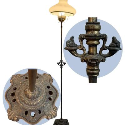 Ornate Metal Hurricane Floor Lamp with Milk Glass Shade