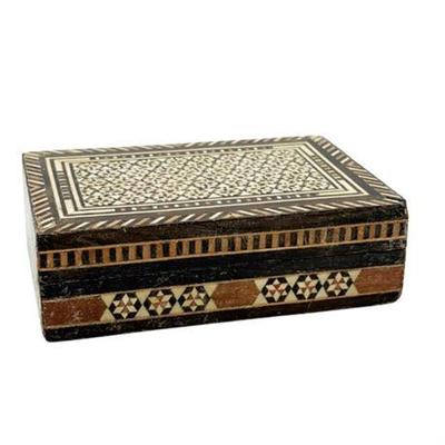 Sale Photo Thumbnail #60: Lot 219   
Middle Eastern Moorish Mid Century Micro Mosaic Marquetry Box