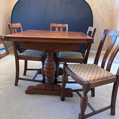 Oak Draw-Leaf Table, Four Matching Side Chairs  