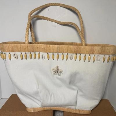 KUVE Beach Tote With Straw Handles And Shell Embellishments 