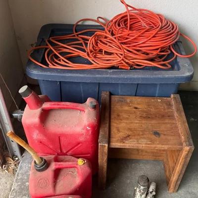 Gas Cans, Extension Cords, Wooden Stool, Jack, Storage Container 