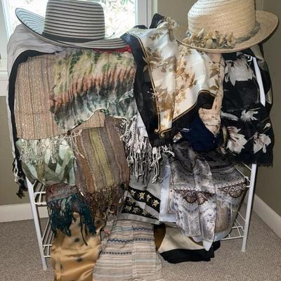Assortment Of Scarves,two Hats And White Wire Storage Rack