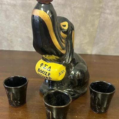 MCM, Japanese, Ceramic Booze Hound Decanter, 3 Shot Glasses Set 