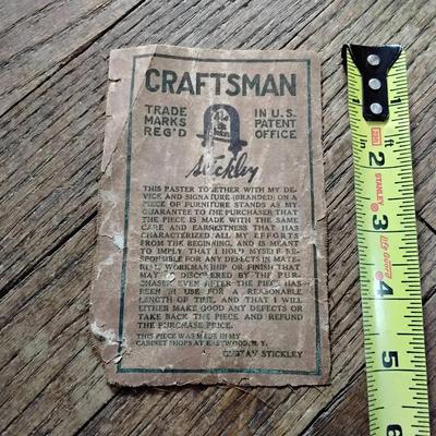 Antique Stickley Furniture Label 