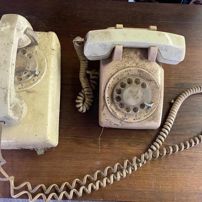 Two Vintage Tan Rotary Dial Phones
