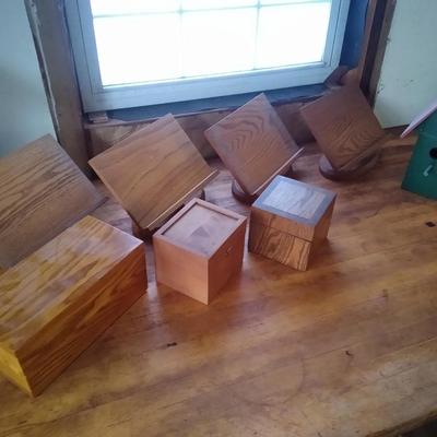 Lot of handmade wooden items including book rests
