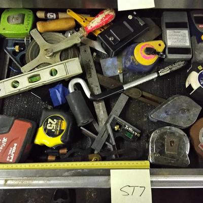 Lot Of Measuring Tapes And Tools In Drawer