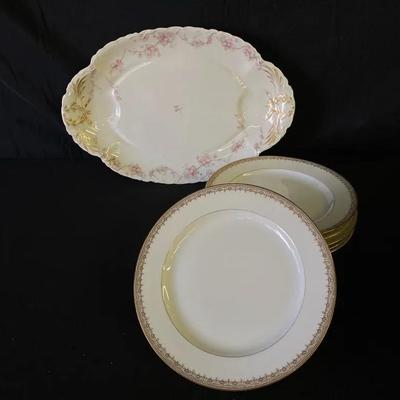 Tressman & Vogt LIMOGES France Gold Encrusted Band 9 3/4 Plates & Haviland LIMOGES Serving Tray 16"