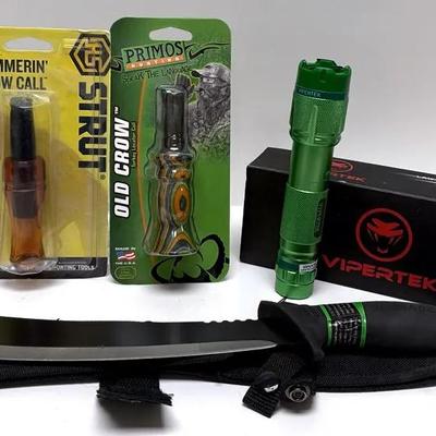 Schrade Machete, Leatherman Multi-tool, Crow Calls and Vipertek Flashlight