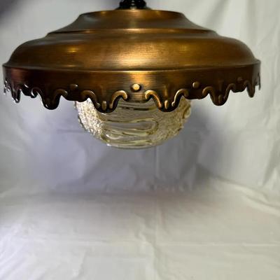 Vintage Mid Century Copper Hanging Pendant Lamp w/ Amber Textured Glass Globe – European