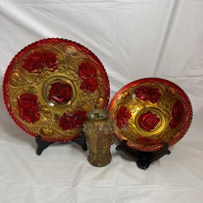 Antique Goofus Glass 3pc Set – Red & Gold Rose Plates + Goofus Milk Glass Vase