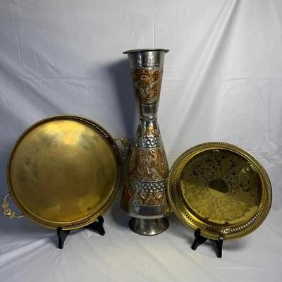 Antique Copper Vase & Vintage Brass And Copper Serving Platters